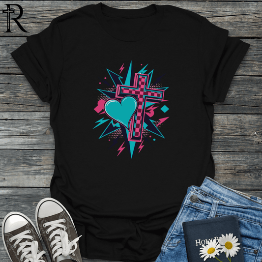 Heart & Cross - Vibrant Checkered Lightning - T-Shirt