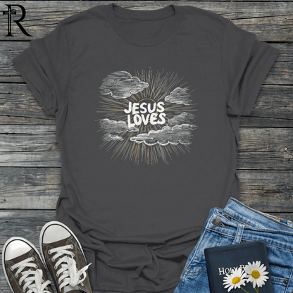 Jesus Loves - Pencil Sunny Sky w Clouds - T-Shirt