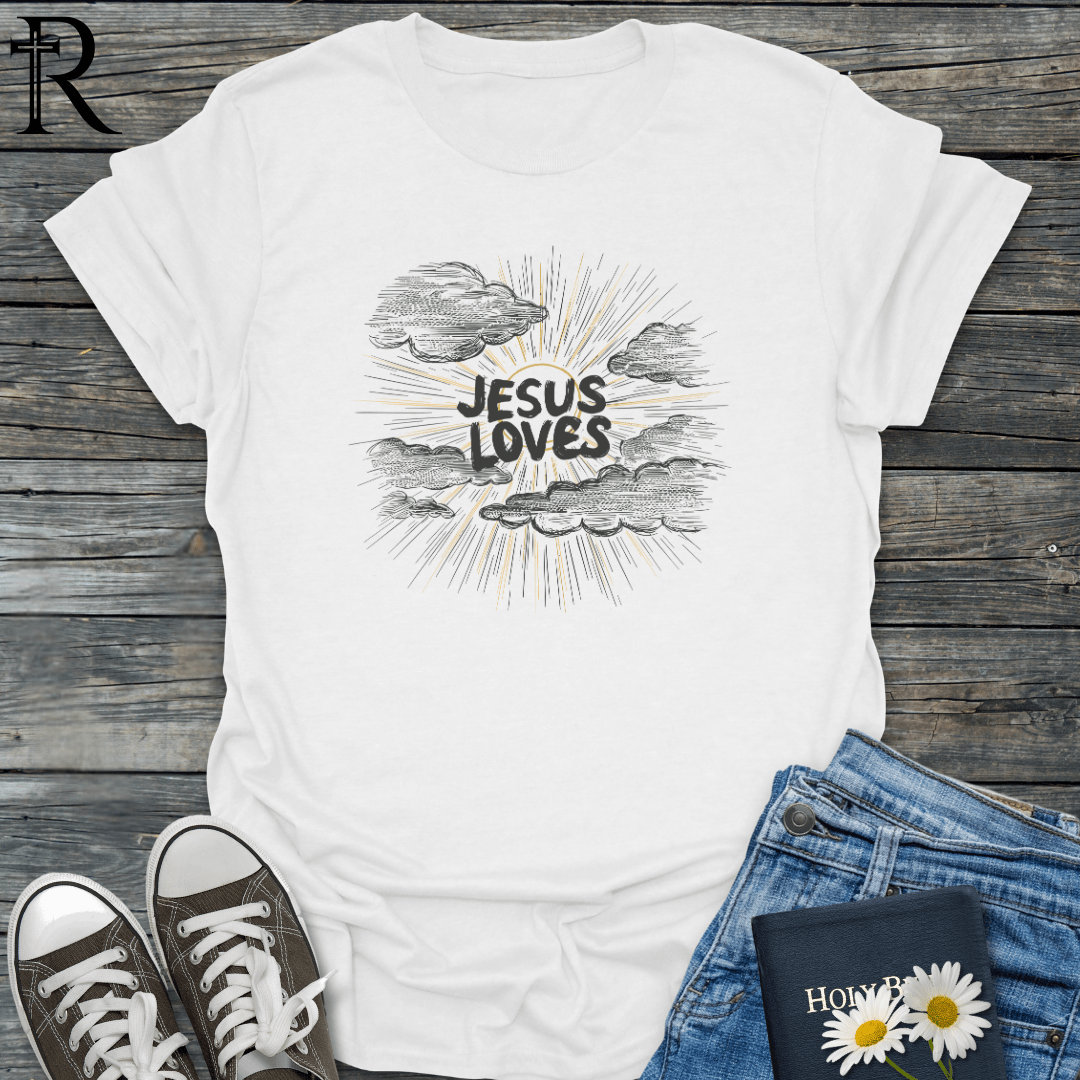 Jesus Loves - Pencil Sunny Sky w Clouds - T-Shirt