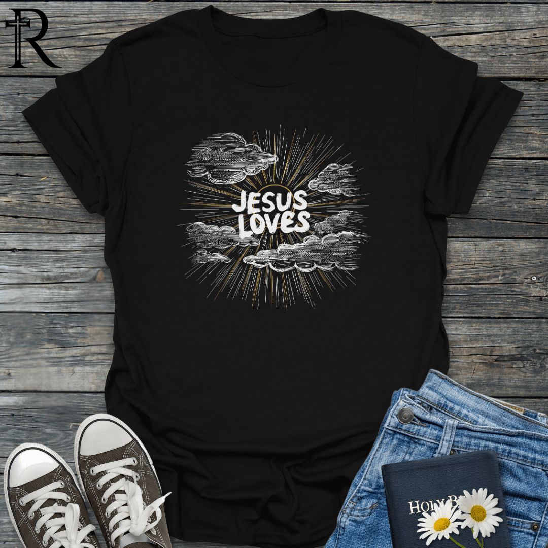 Jesus Loves - Pencil Sunny Sky w Clouds - T-Shirt