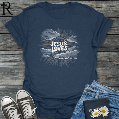 Jesus Loves - Pencil Sunny Sky w Clouds - T-Shirt