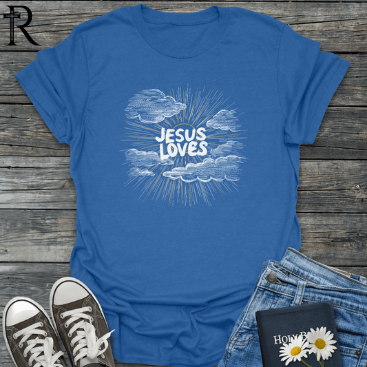 Jesus Loves - Pencil Sunny Sky w Clouds - T-Shirt