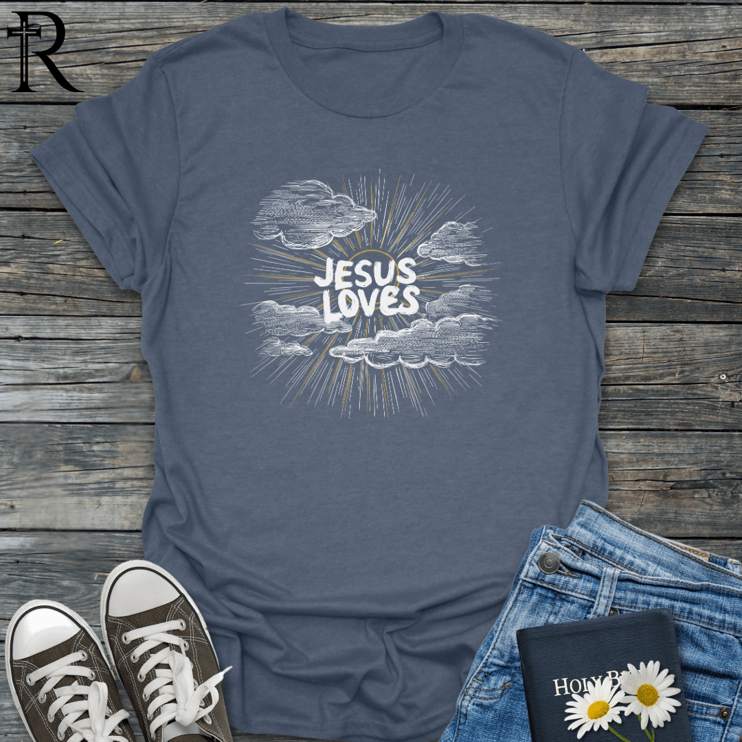 Jesus Loves - Pencil Sunny Sky w Clouds - T-Shirt