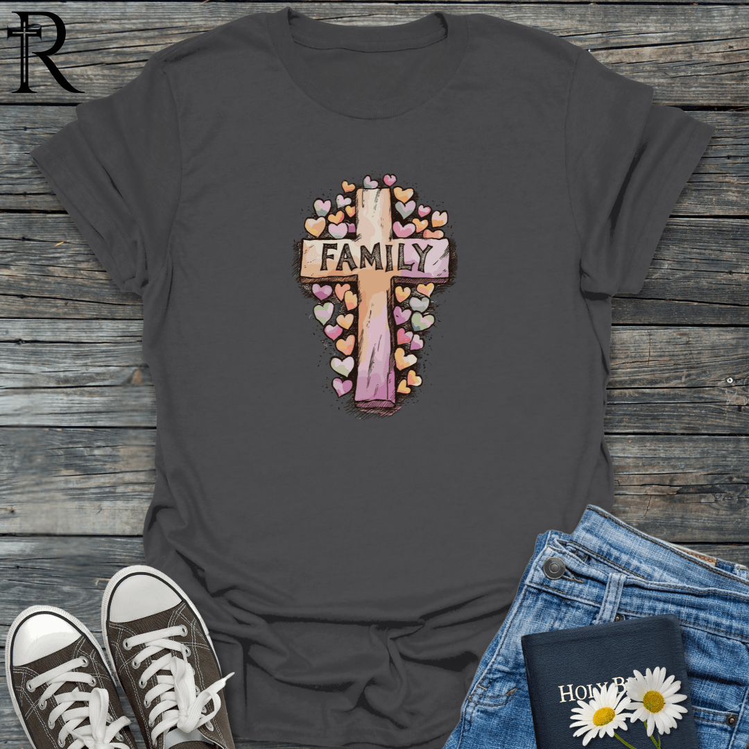 Family Cross Surrounded by Hearts - T-Shirt