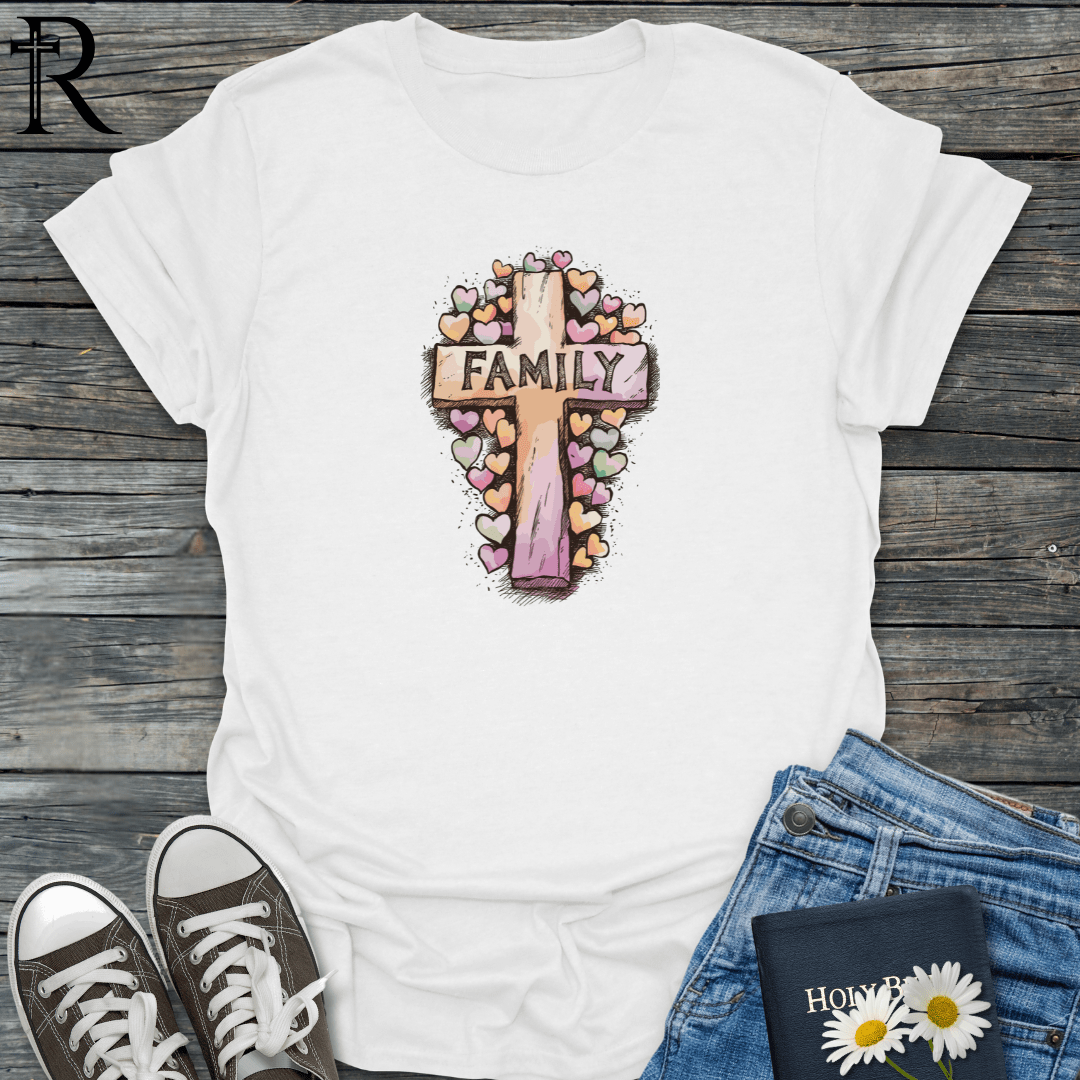 Family Cross Surrounded by Hearts - T-Shirt