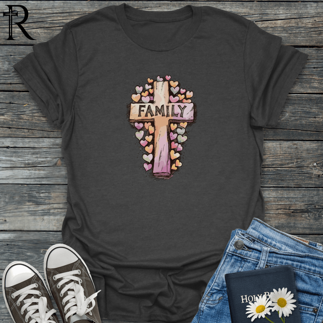 Family Cross Surrounded by Hearts - T-Shirt