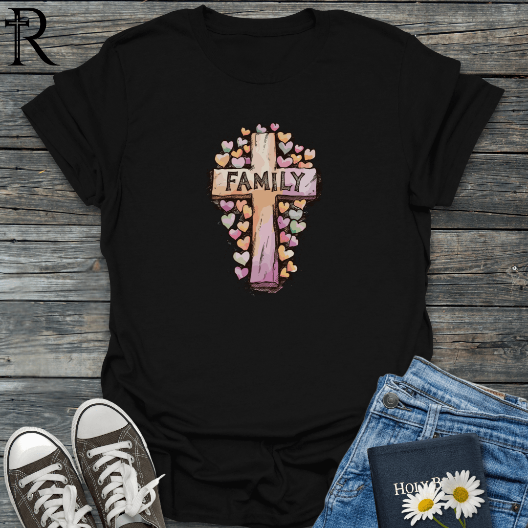 Family Cross Surrounded by Hearts - T-Shirt