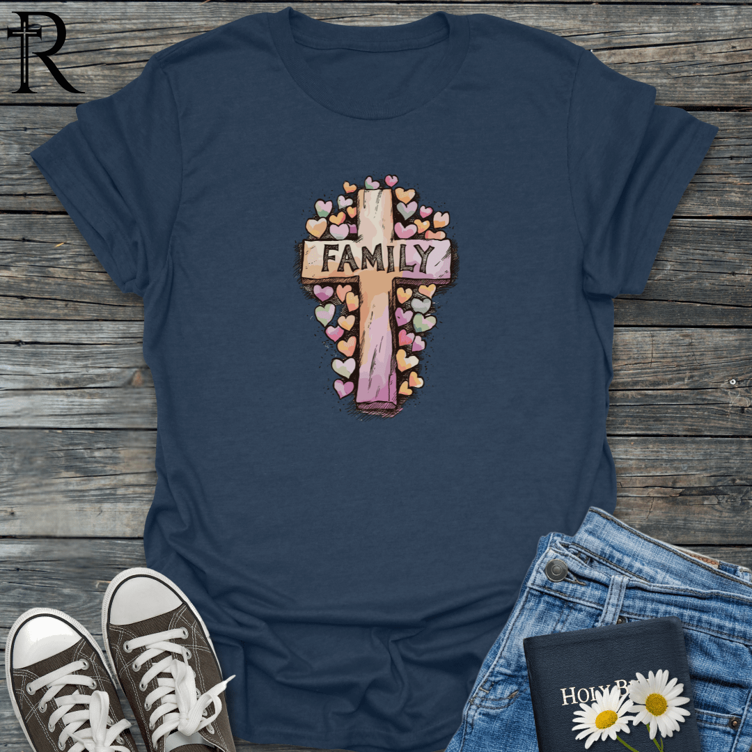 Family Cross Surrounded by Hearts - T-Shirt