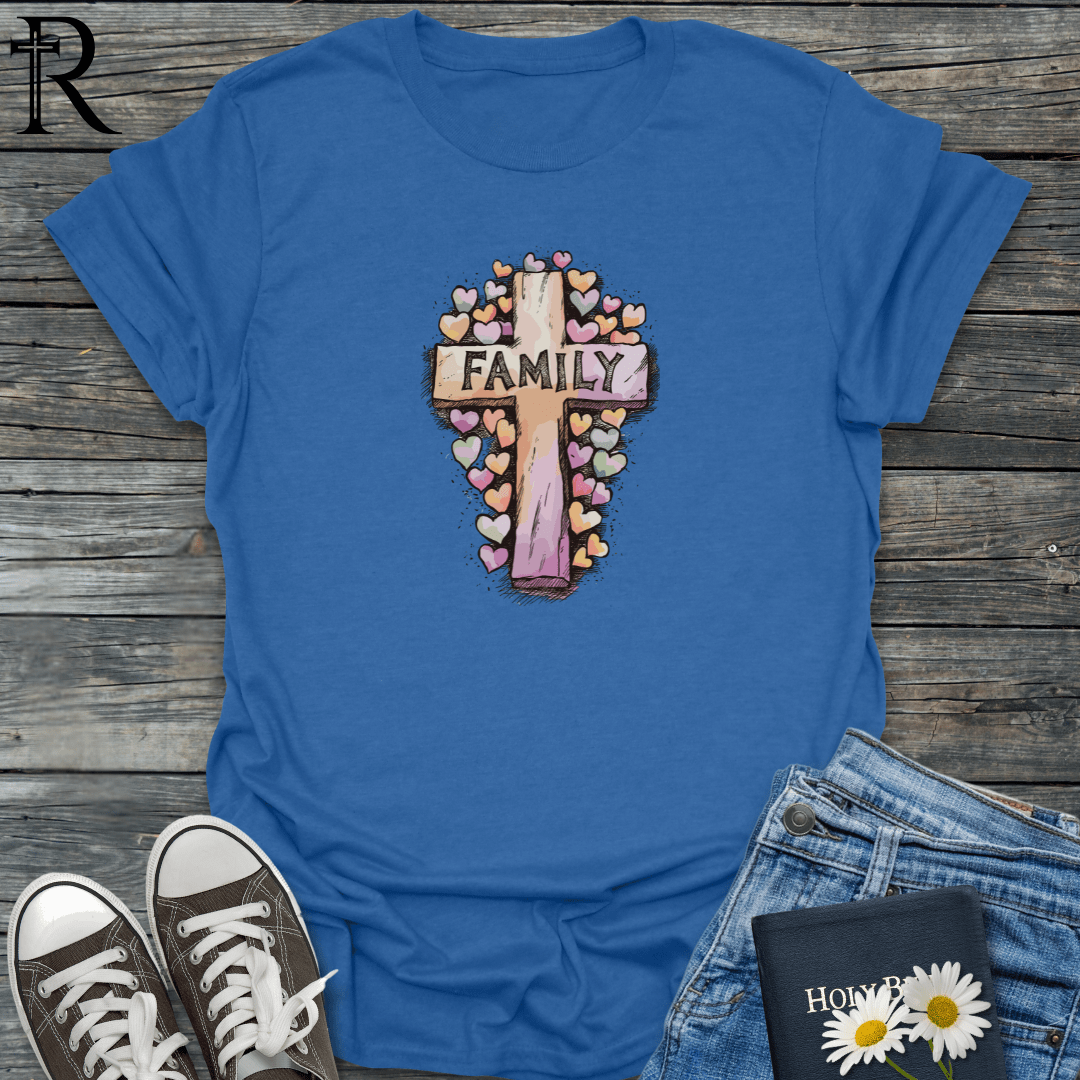 Family Cross Surrounded by Hearts - T-Shirt