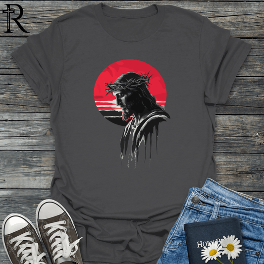 Jesus Wearing a Crown of Thorns Red Sun - T-Shirt