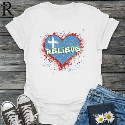 Spatter Cross & Heart - Believe - T-Shirt