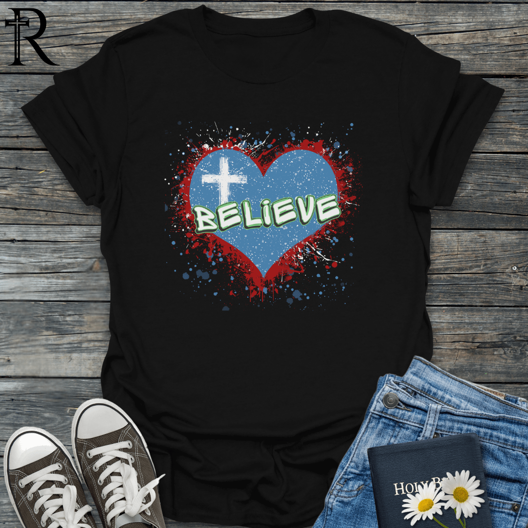 Spatter Cross & Heart - Believe - T-Shirt