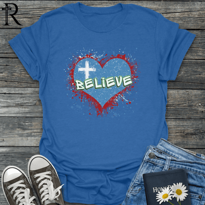 Spatter Cross & Heart - Believe - T-Shirt