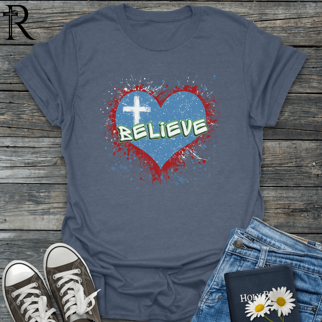 Spatter Cross & Heart - Believe - T-Shirt